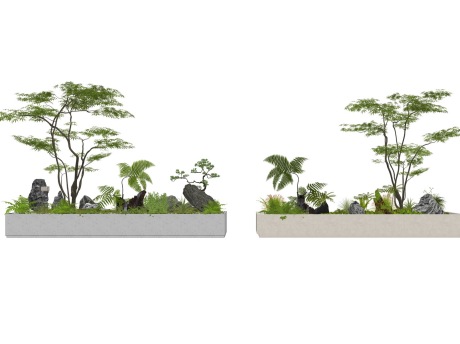 新中式造型树苔藓蕨类植物灌木石头小品SU模型