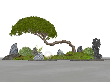 新中式造型松石头灌木苔藓小品SU模型