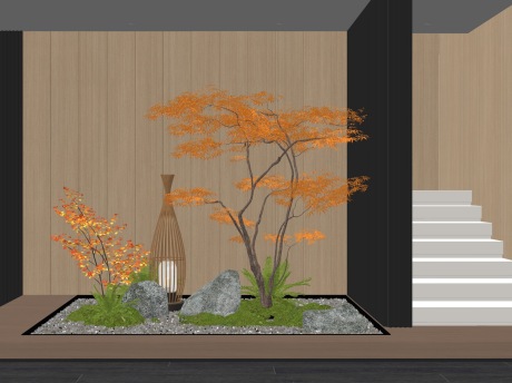 新中式造型树石头苔藓蕨类植物小品SU模型