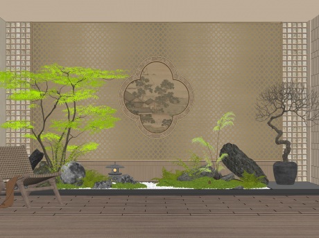 新中式造型树石头苔藓蕨类植物小品SU模型