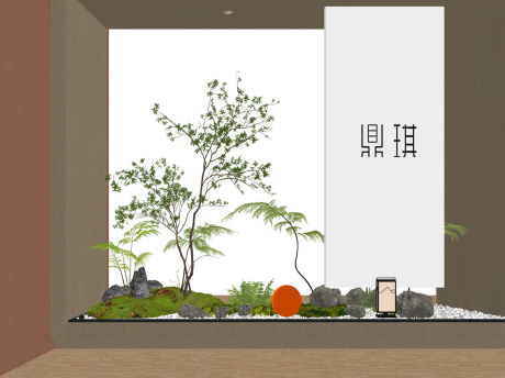 新中式造型树苔藓石头灌木蕨类植物小品SU模型