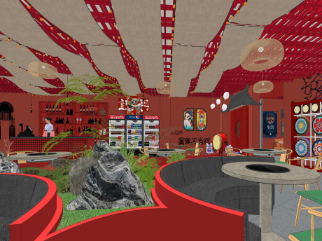 国潮火锅店餐厅SU模型