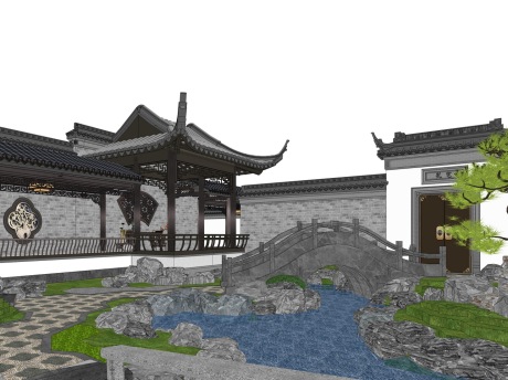 中式古典园林庭院景观SU模型