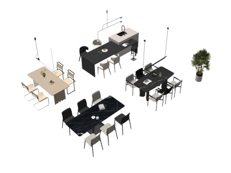 现代餐桌椅中岛台吊灯组合SU模型