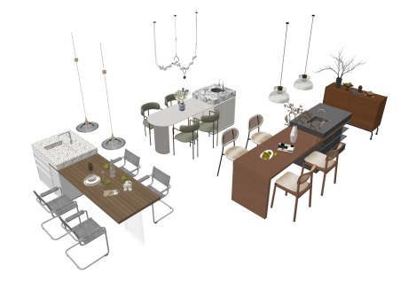 中岛台餐桌椅吊灯组合SU模型