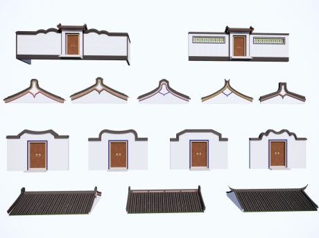潮汕建筑构件山墙围墙门窗镬耳墙SU模型