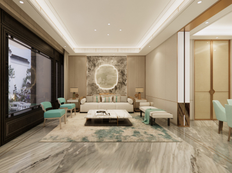 浙江温岭桃花源新中式别墅客餐厅一层SU模型