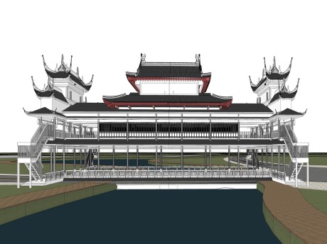 中式风雨桥廊桥SU模型