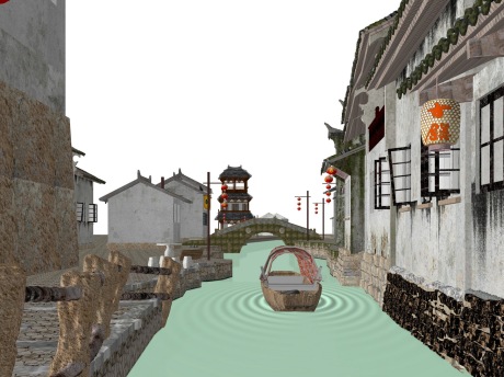 江南水乡民居古镇商业街SU模型