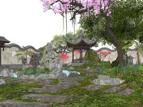 中式古典园林景观枕云阁SU模型