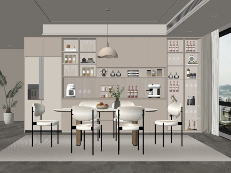 奶油风餐厅SU模型