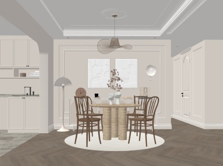 奶油风餐厅SU模型