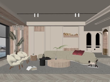 奶油风客厅SU模型