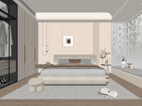 奶油风卧室SU模型