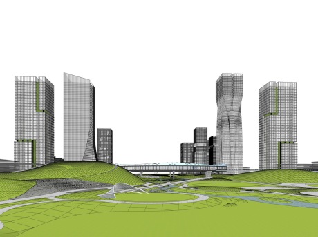 现代高层办公楼+中心公园SU模型