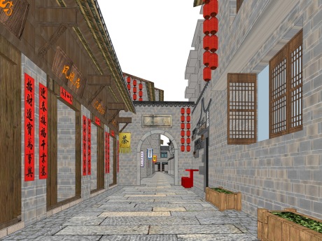 古镇街道巷道SU模型